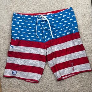Pelagic Sharkskin Boardshorts Mens 40 American Flag Fish Digital Camo Swim Trunk